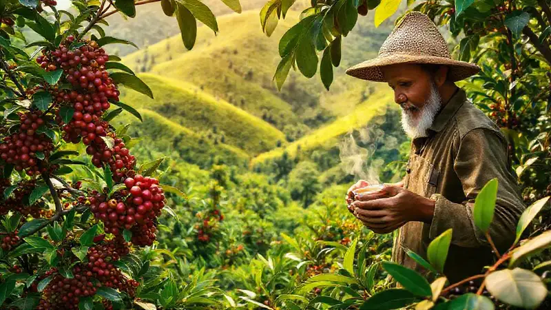 Plantación de café javanesa, sol cálido, aromas intensos