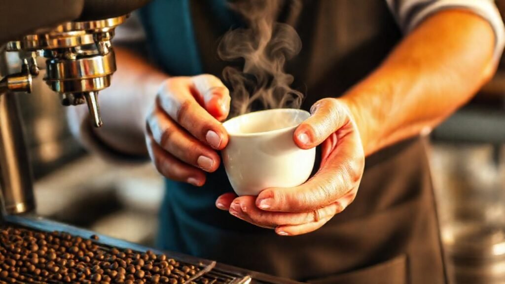 Barista prepara café en un café cálido