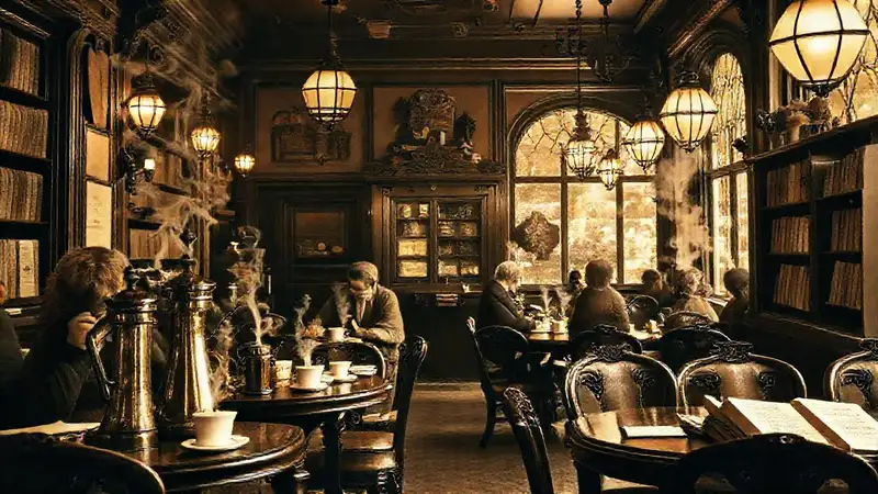 Un café victoriano, cálido y nostálgico