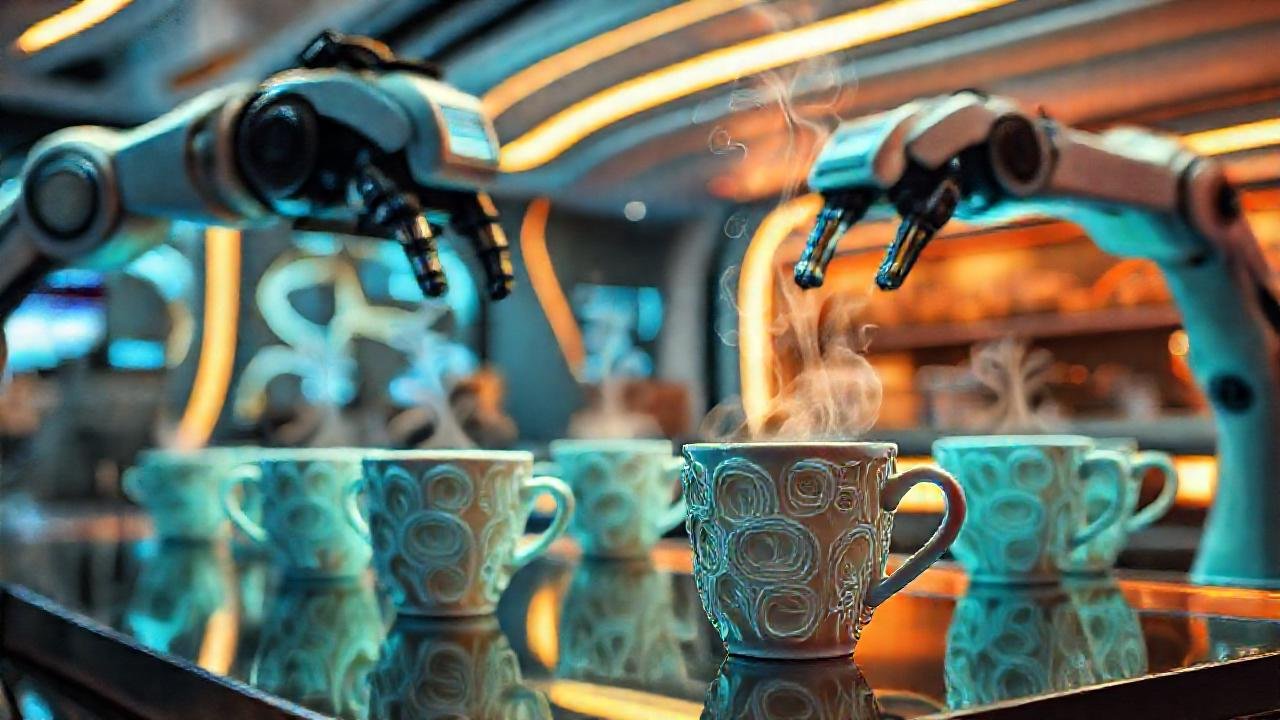 Un café futurista y robótico elegante