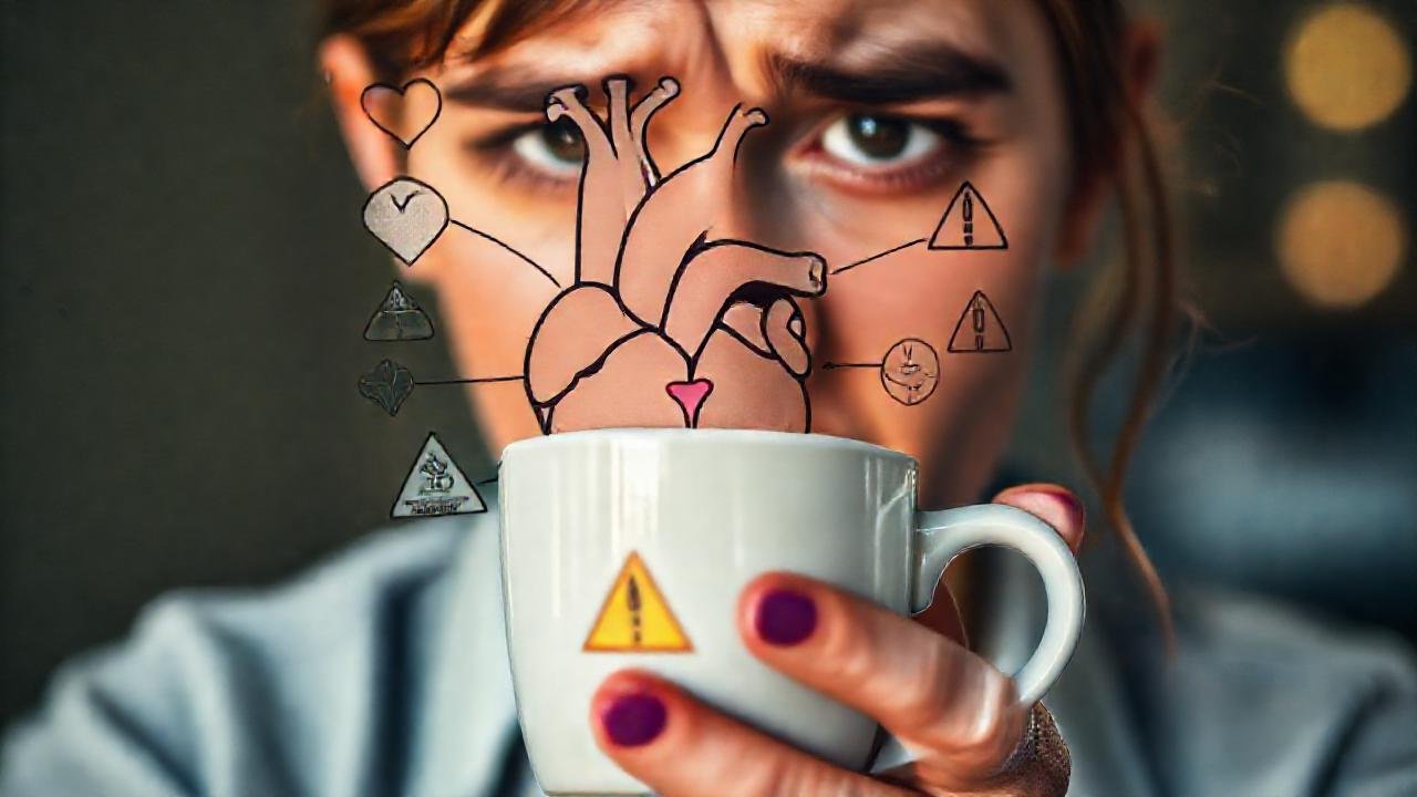 Ansiedad médica, café y advertencias vibrantes