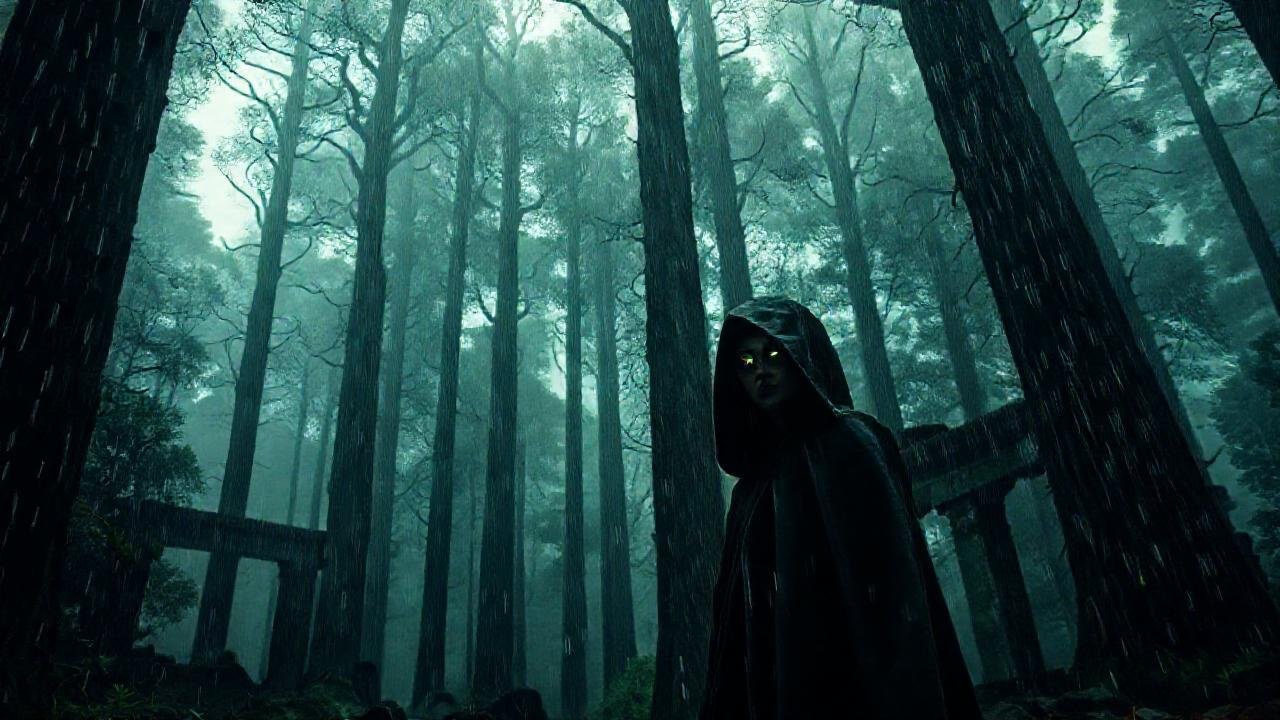 Una mujer enigmática ilumina ruinas sombrías