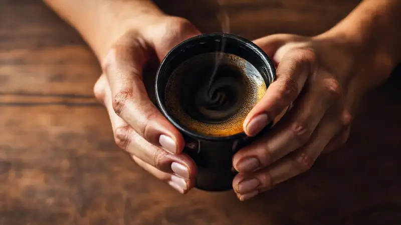 Taza oscura, manos concentradas, atmósfera tranquila
