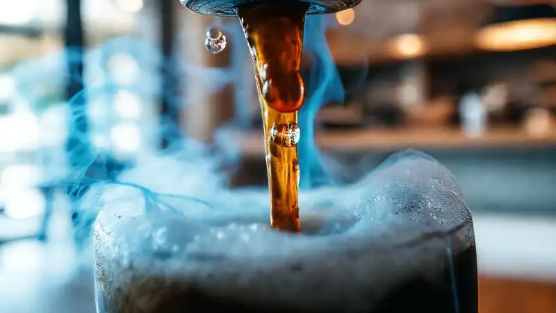 Café cinematográfico, burbujas azules y espuma