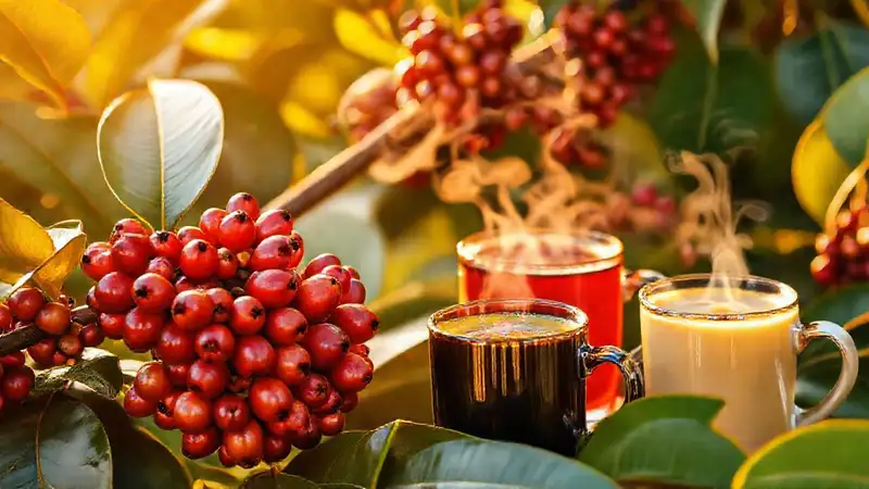 Café tropical, aromas cálidos y dorados
